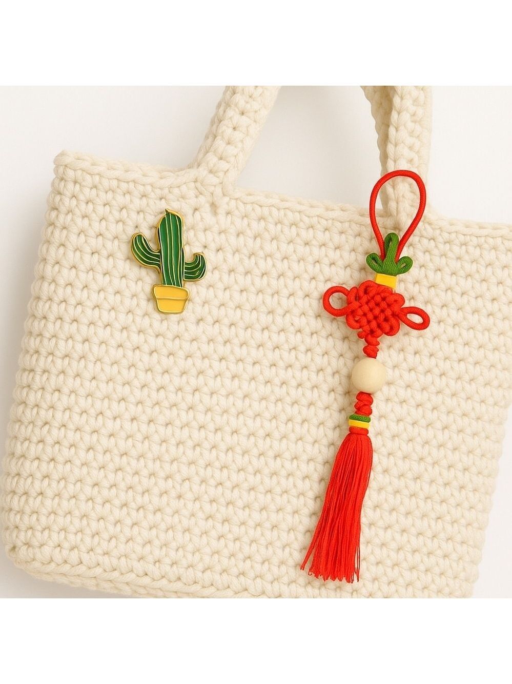 Chinese Knot Tassel Green Saguaro Cactus Enamel Pin Brooch